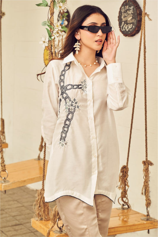 Boho White Embroidered Shirt With Assymetrical Hem (8007389642998)