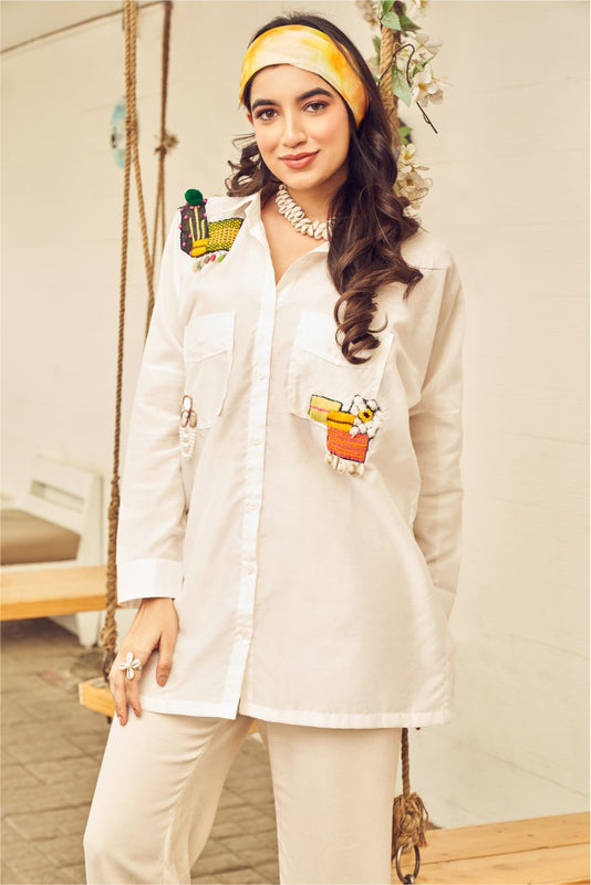 Boho White Patch Shirt With Pockets (8007389806838)