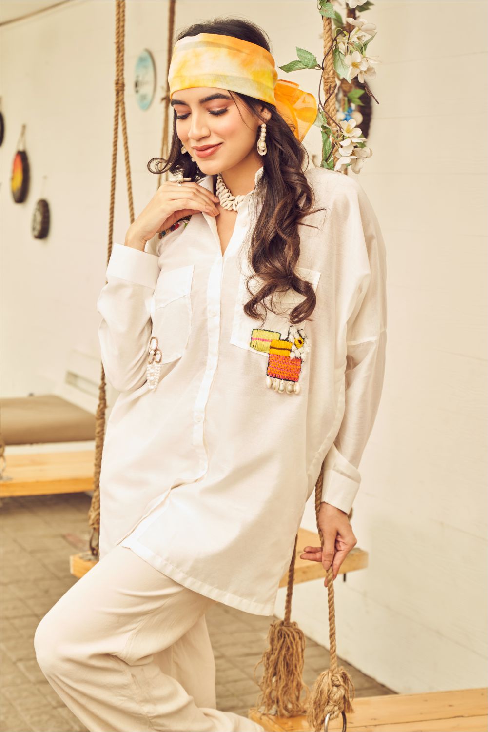 Boho White Patch Shirt With Pockets (8007389806838)