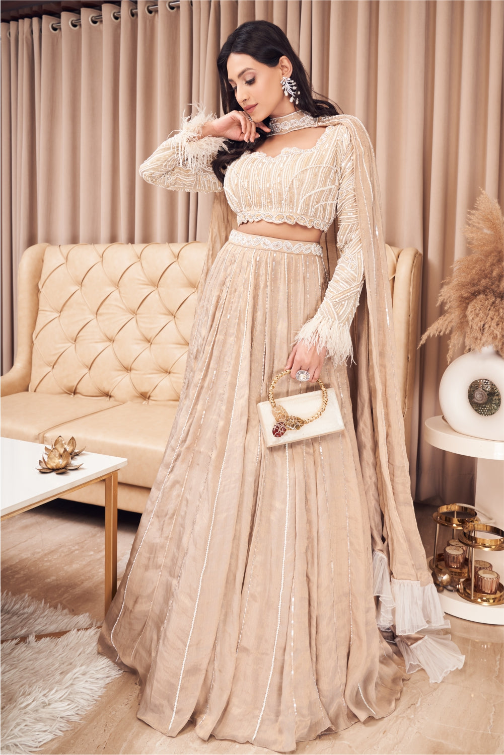 Beige Chanderi Lehenga Set With Choker Dupatta (7970599698678)