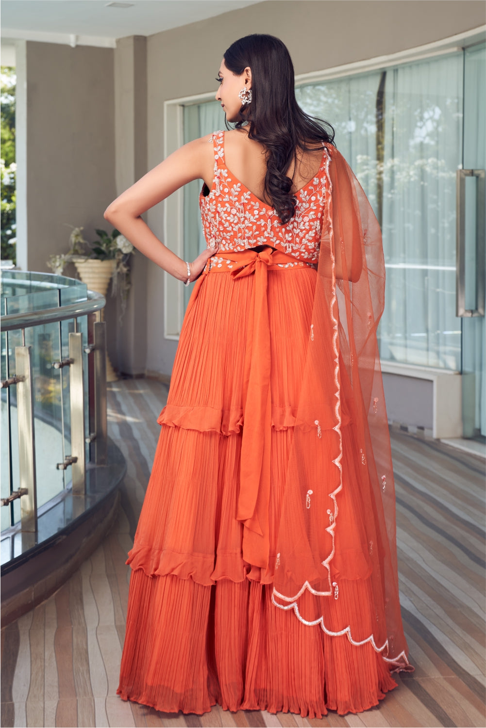 Rust Orange Ruffled Layer Skirt With An Embellished Blouse And Dupatta (7960739512566)