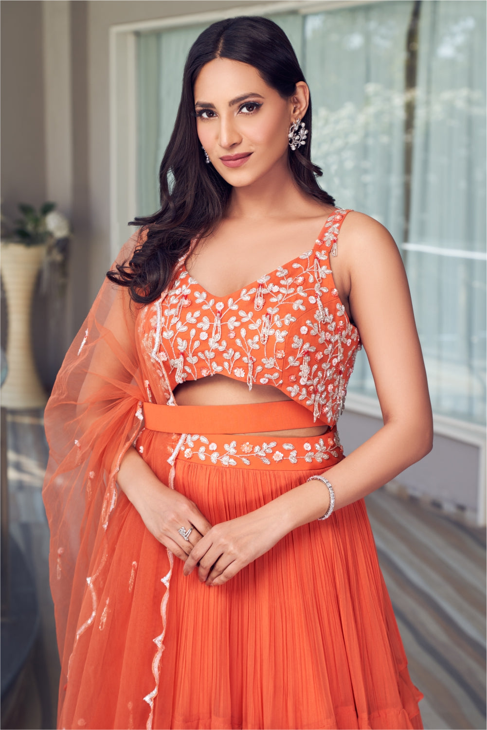 Rust Orange Ruffled Layer Skirt With An Embellished Blouse And Dupatta (7960739512566)