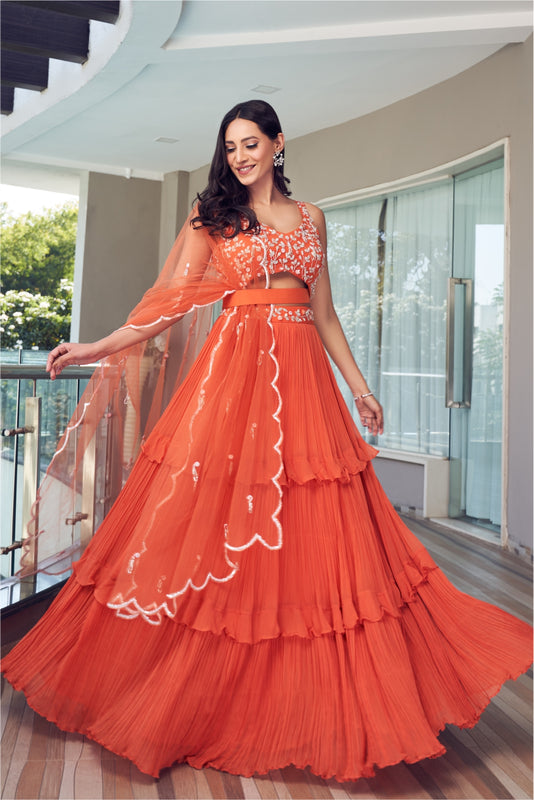 Rust Orange Ruffled Layer Skirt With An Embellished Blouse And Dupatta (7960739512566)