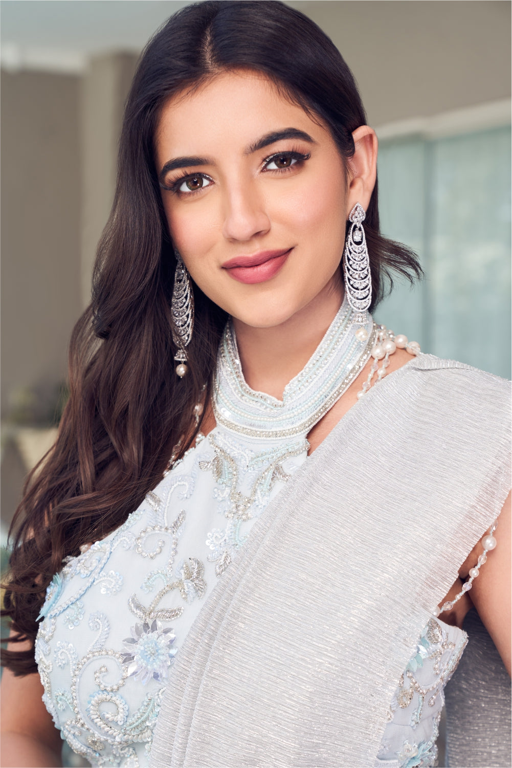 Silver Halter Neck Embellished Blouse With Draped Saree (7960739021046)