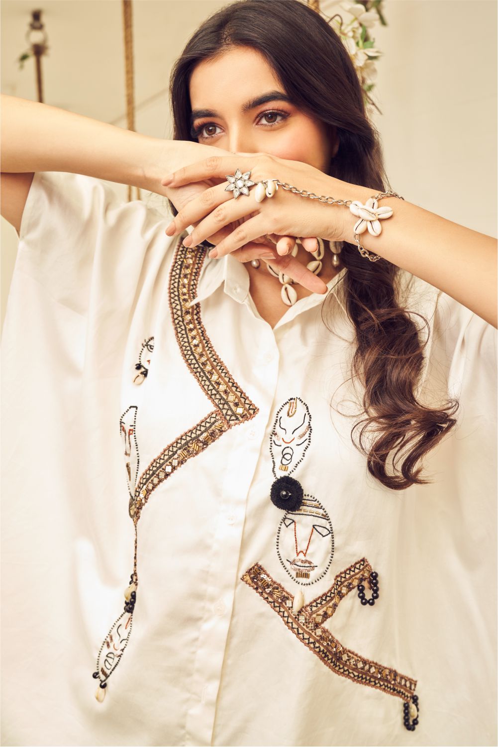 Boho White Thread Work High Low Shirt (8007389905142)