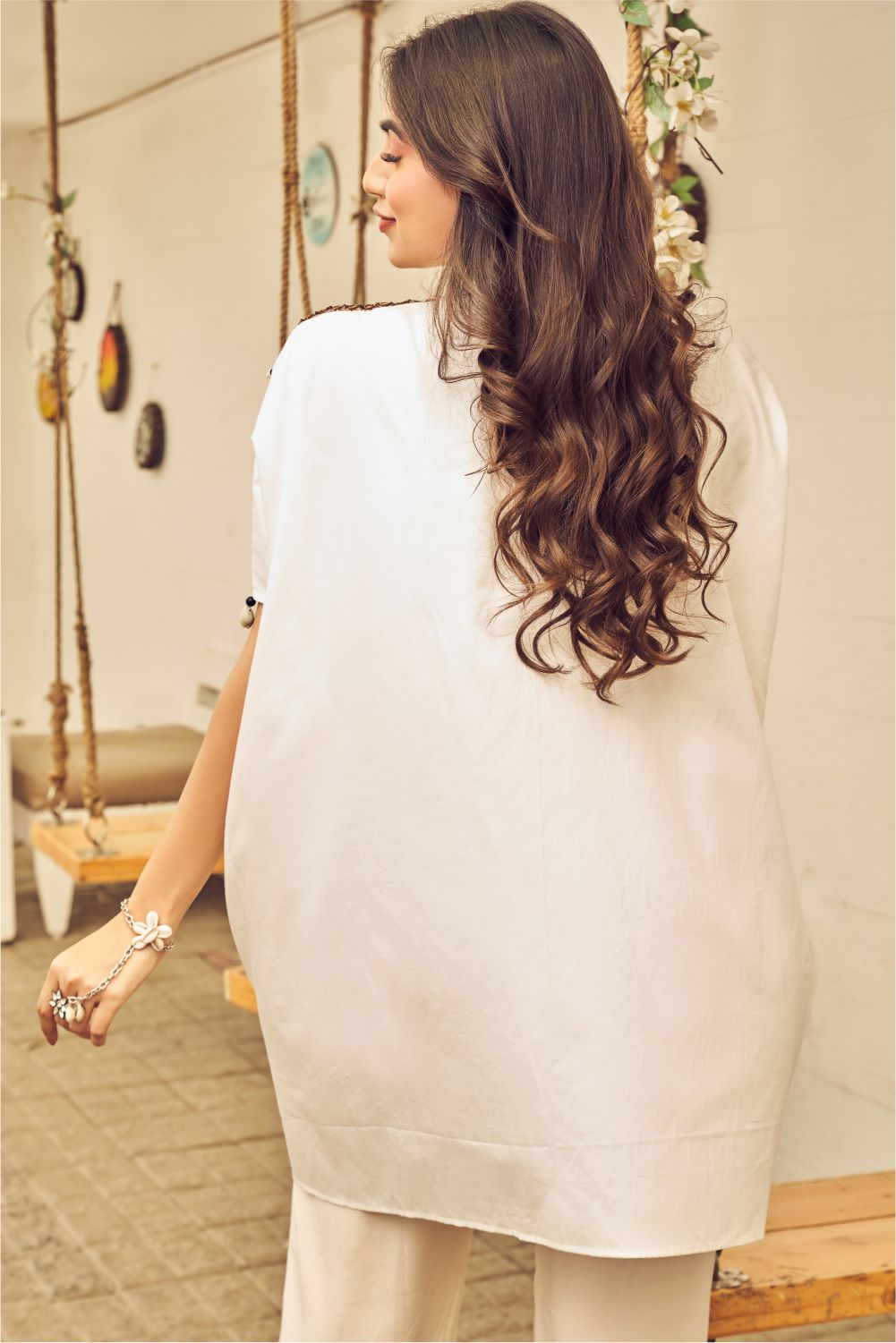 Boho White Thread Work High Low Shirt (8007389905142)