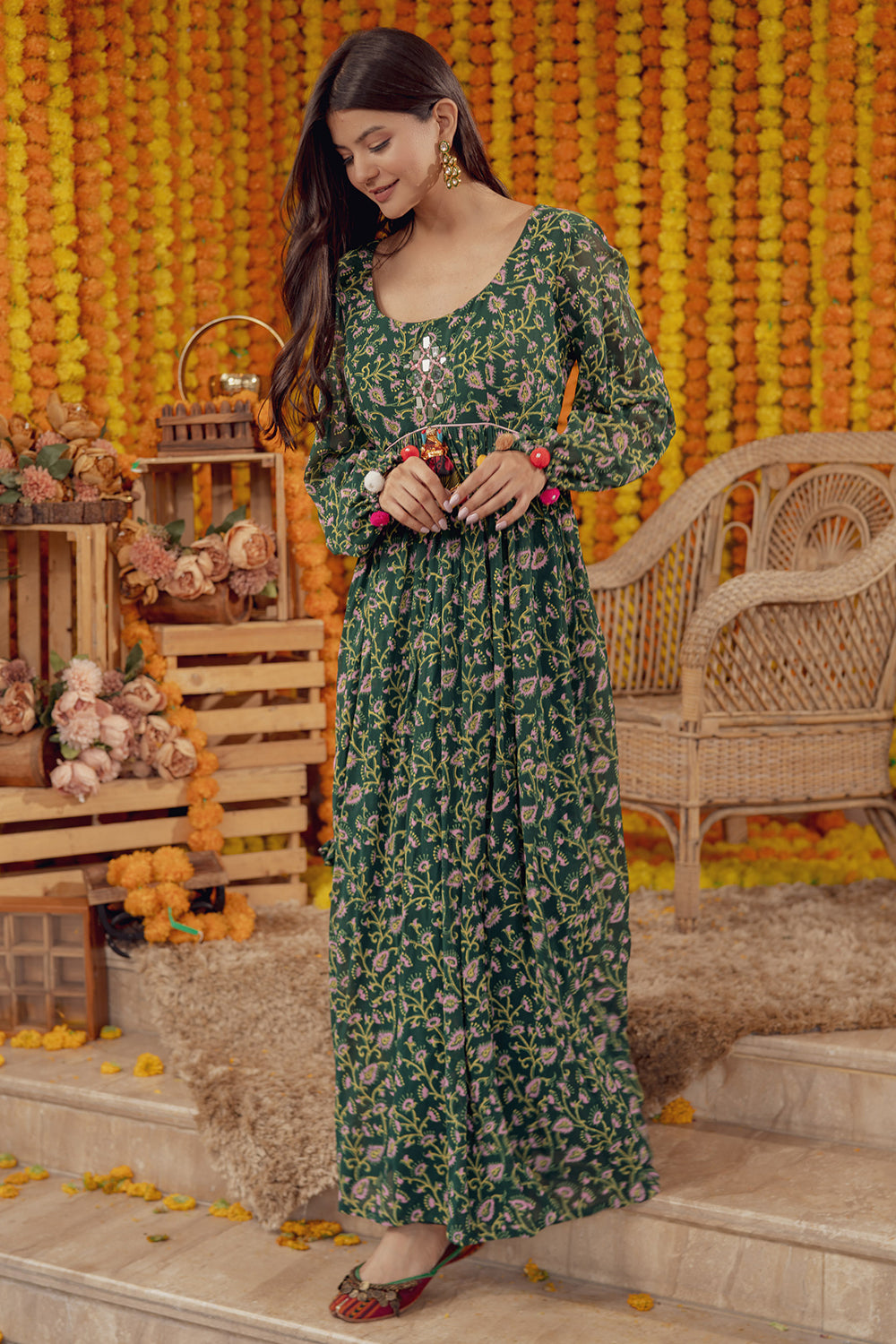 EMERALD GREEN FLORAL PRINT FIT AND FLARE DRESS (7759091073270)