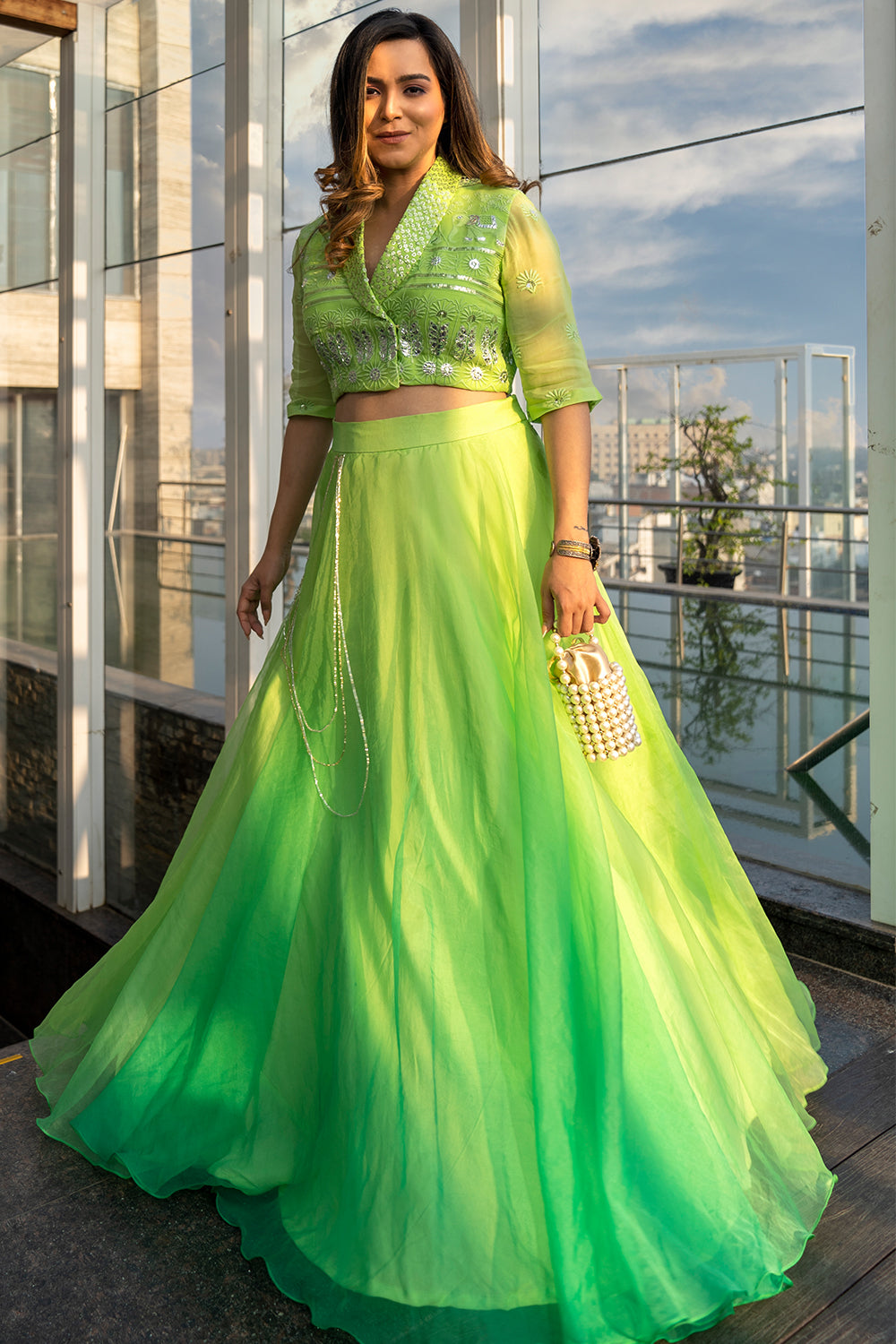 GREEN ORGANZA EMBELLISHED LEHENGA SET (7555432677622)