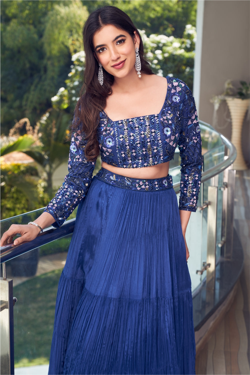 Electric Blue Gathered Skirt With Embellished Blouse (7960738201846)