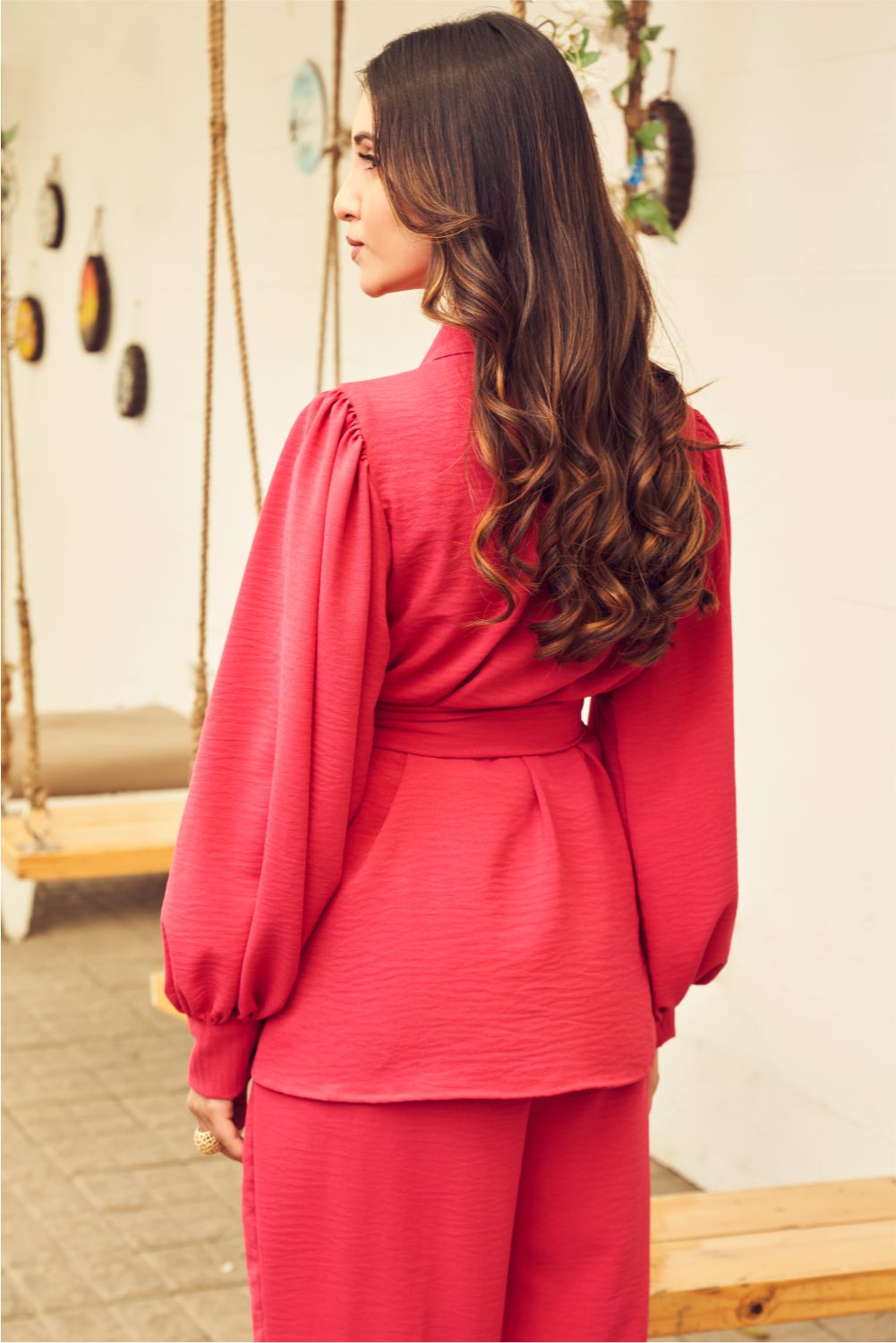 Boho Hot Pink Viscose Tie up Top with Pants (8007390593270)