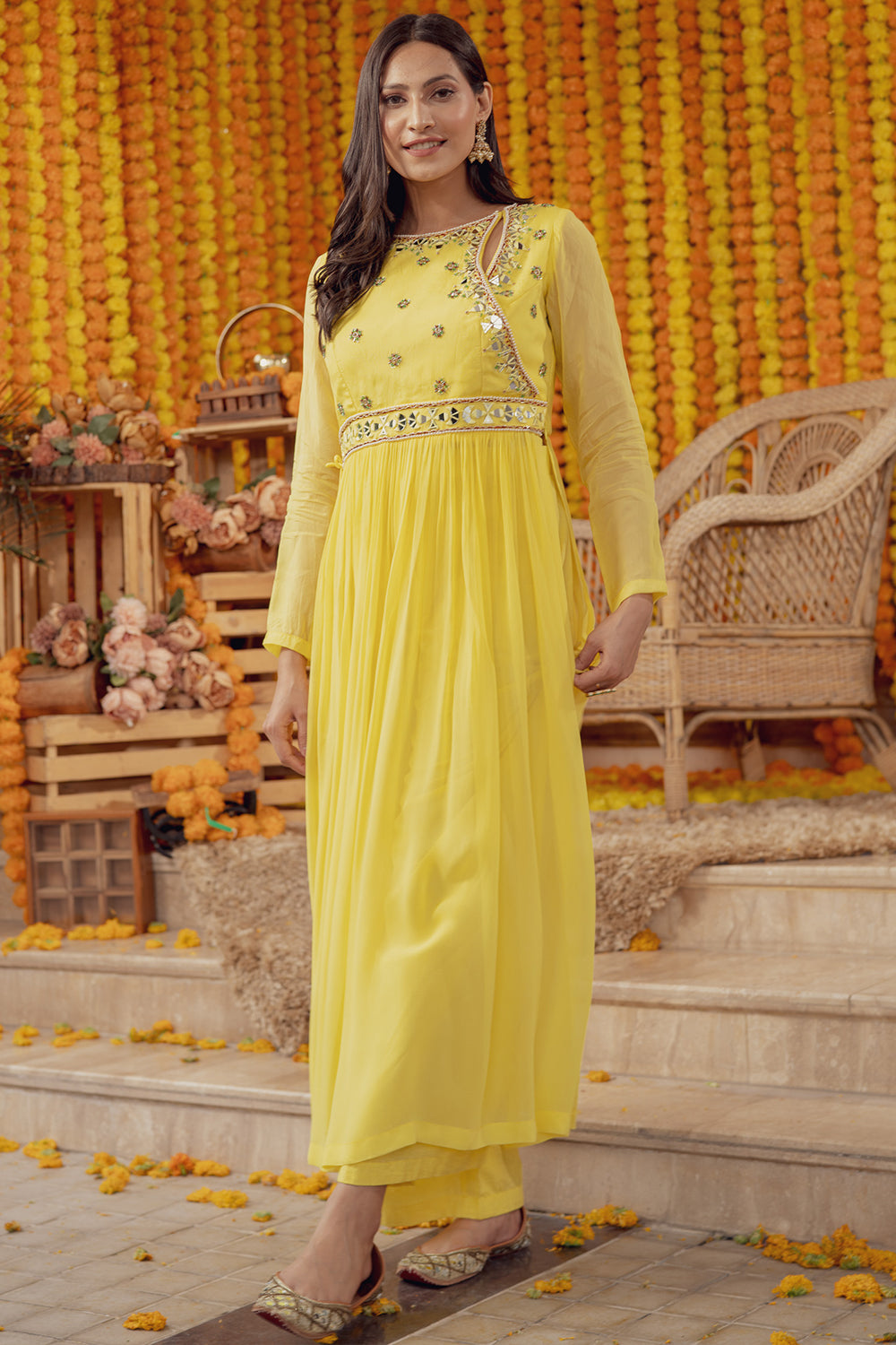 YELLOW EMBELLISHED FLARED KURTA WITH PALAZZO PANT (7760713351414)