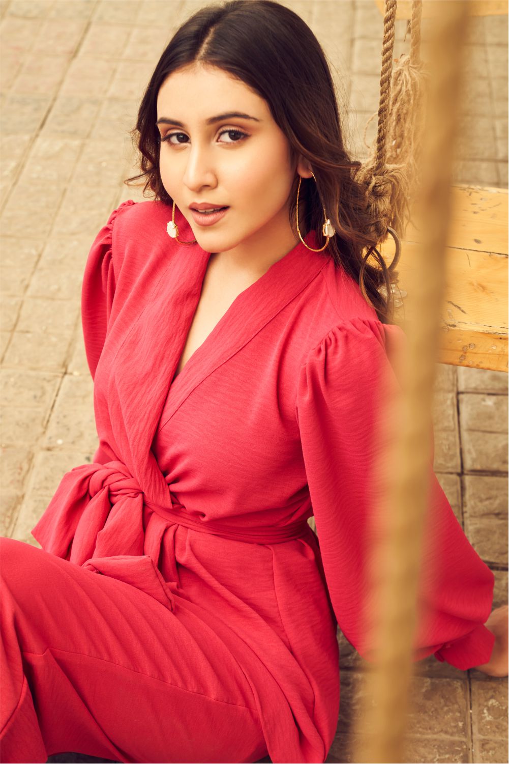 Boho Hot Pink Viscose Tie up Top with Pants (8007390593270)