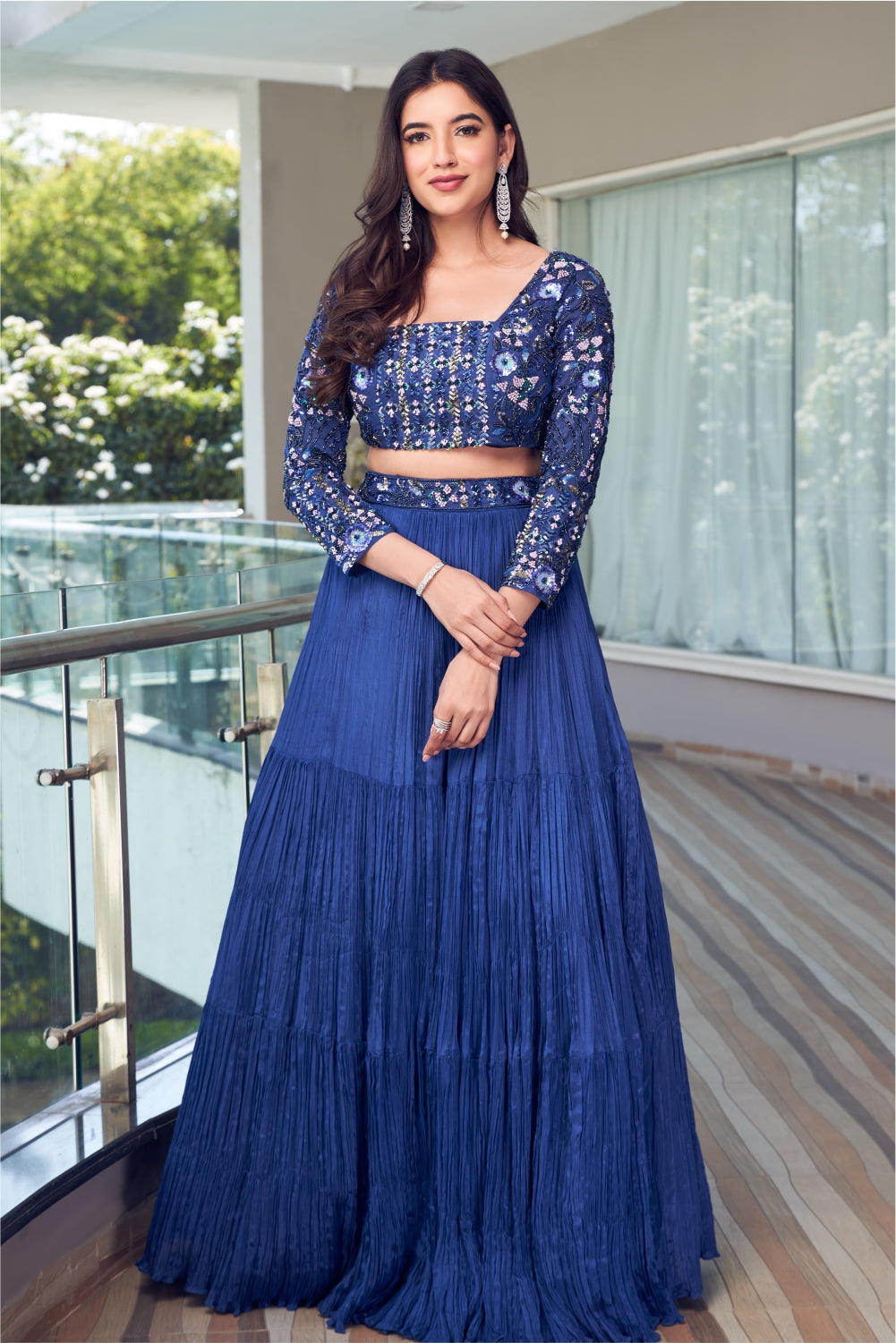 Electric Blue Gathered Skirt With Embellished Blouse (7960738201846)