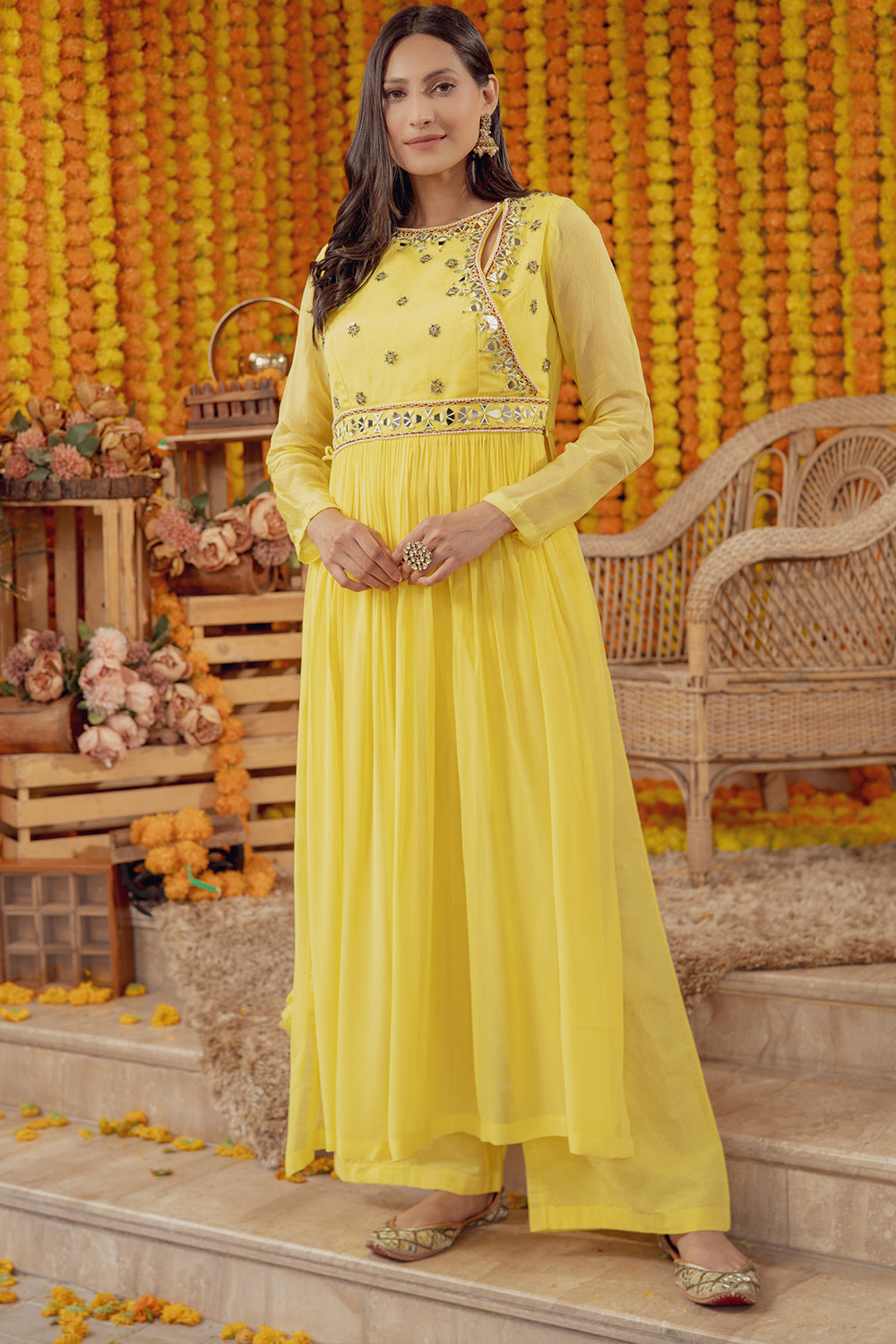 YELLOW EMBELLISHED FLARED KURTA WITH PALAZZO PANT (7760713351414)