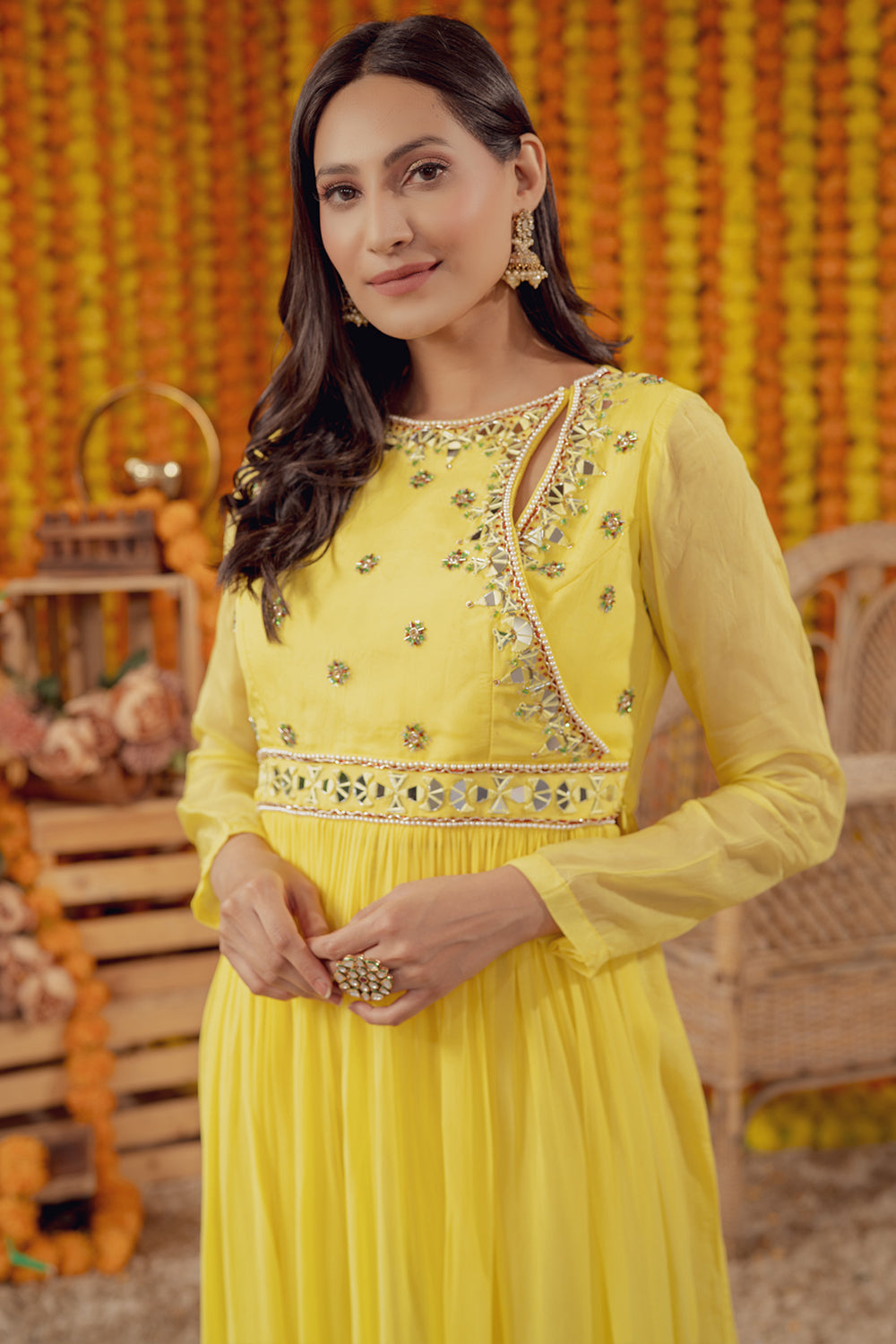 YELLOW EMBELLISHED FLARED KURTA WITH PALAZZO PANT (7760713351414)