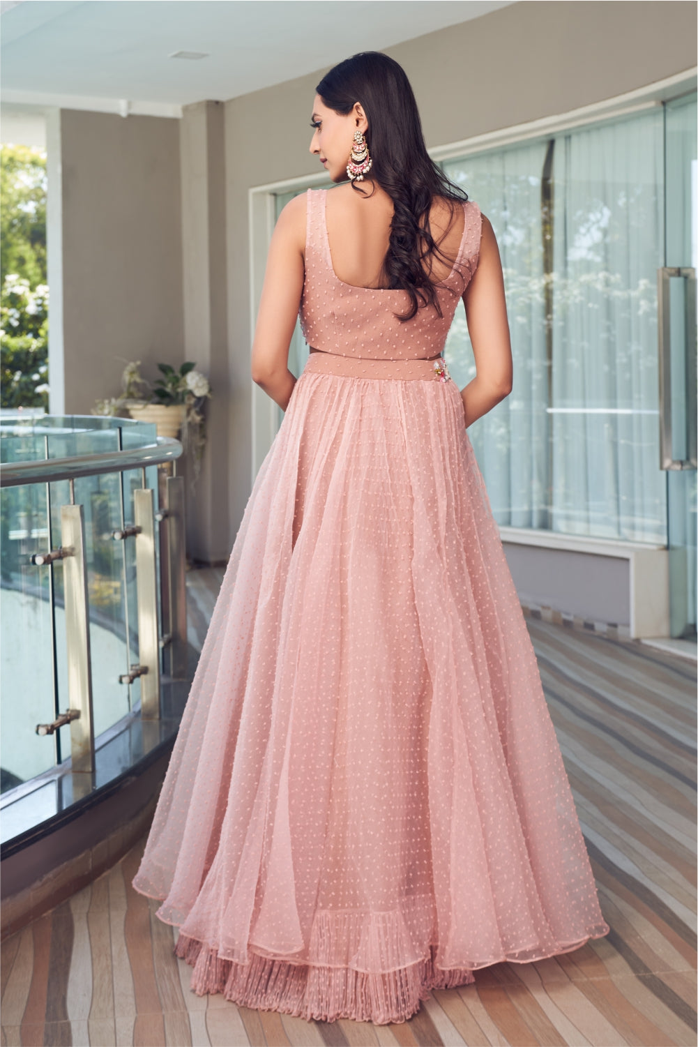 Peach Textured Organza Skirt With Embellished Blouse (7960738103542)