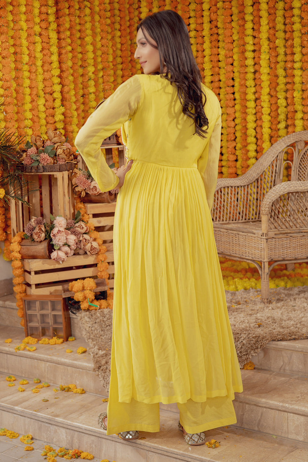 YELLOW EMBELLISHED FLARED KURTA WITH PALAZZO PANT (7760713351414)