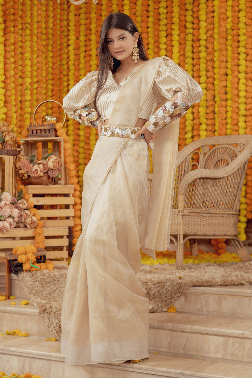 BEIGE BANARSI EMBELLISHED SAREE WITH BELT (7760718233846)