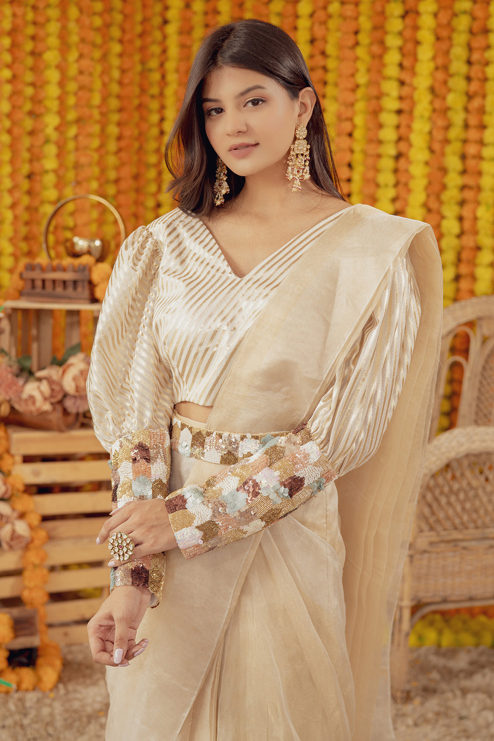 BEIGE BANARSI EMBELLISHED SAREE WITH BELT (7760718233846)