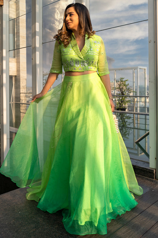 GREEN ORGANZA EMBELLISHED LEHENGA SET (7555432677622)