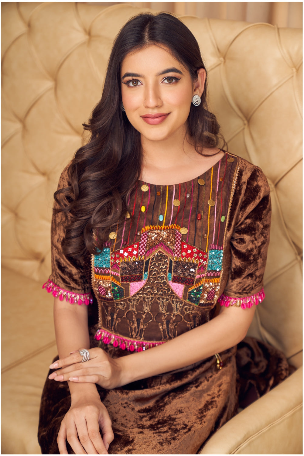 Brown Velvet Straight Fit Kurti with Pants (7954975916278)