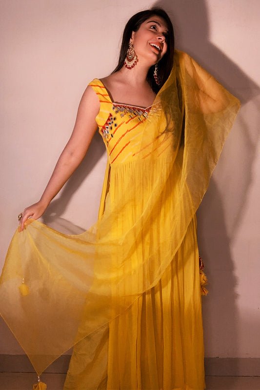 YELLOW LEHERIYA KURTA SET (6925846577335)