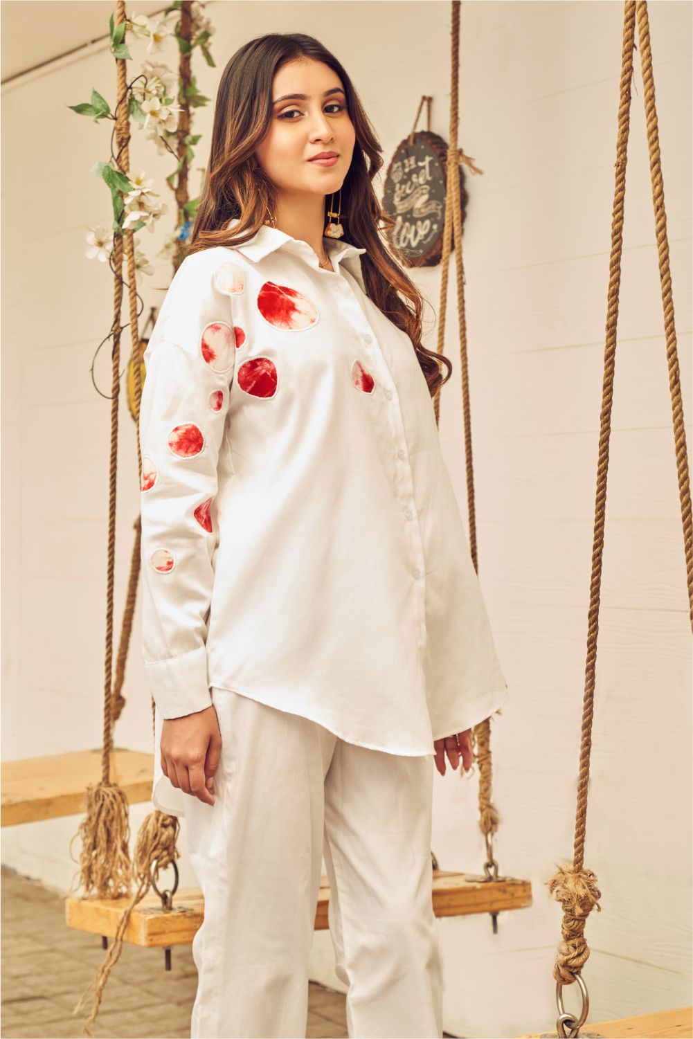 Boho White Oversized Circular Patch Shirt With Pants (8007390953718)