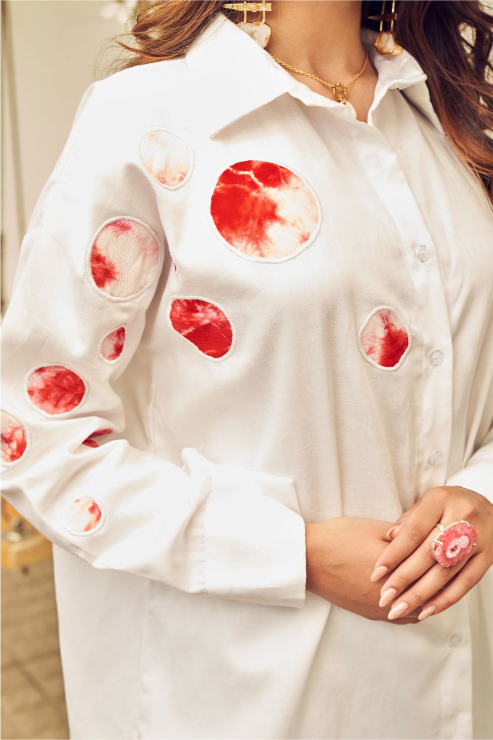 Boho White Oversized Circular Patch Shirt With Pants (8007390953718)