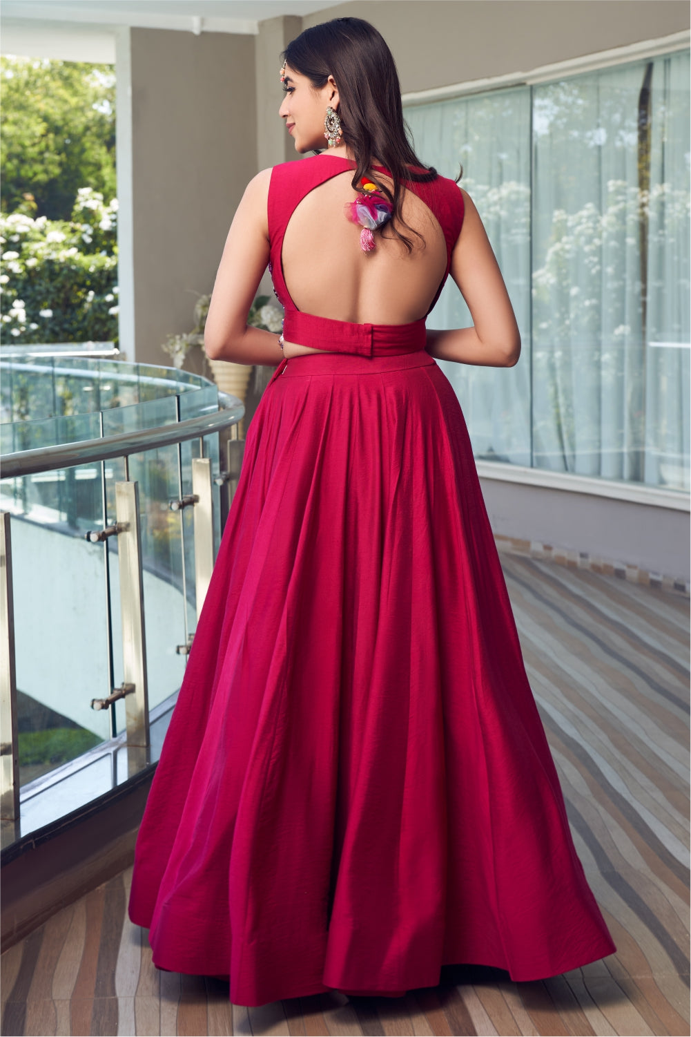 Magenta Machine Embroidered Lehenga Set Highlighted With Mirror and Pearl Work (7960737153270)