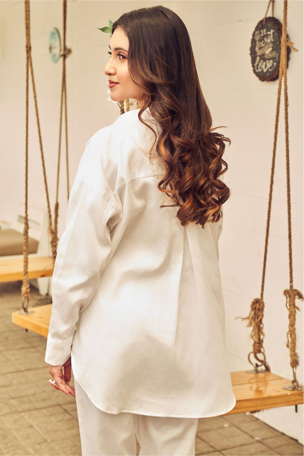 Boho White Oversized Circular Patch Shirt With Pants (8007390953718)