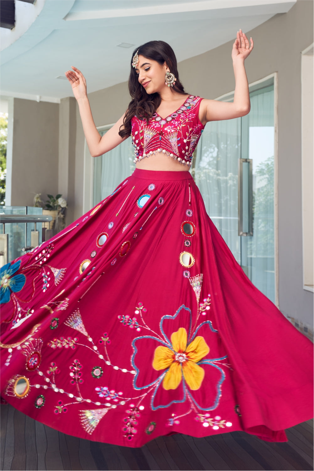 Magenta Machine Embroidered Lehenga Set Highlighted With Mirror and Pearl Work (7960737153270)