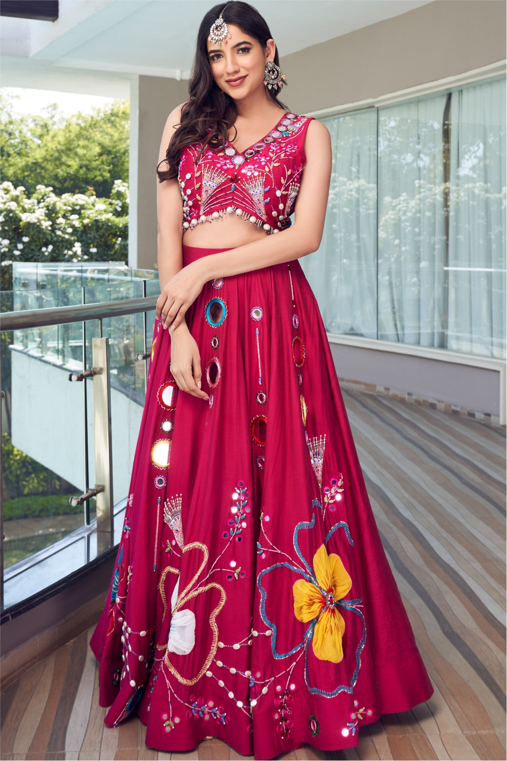 Magenta Machine Embroidered Lehenga Set Highlighted With Mirror and Pearl Work (7960737153270)