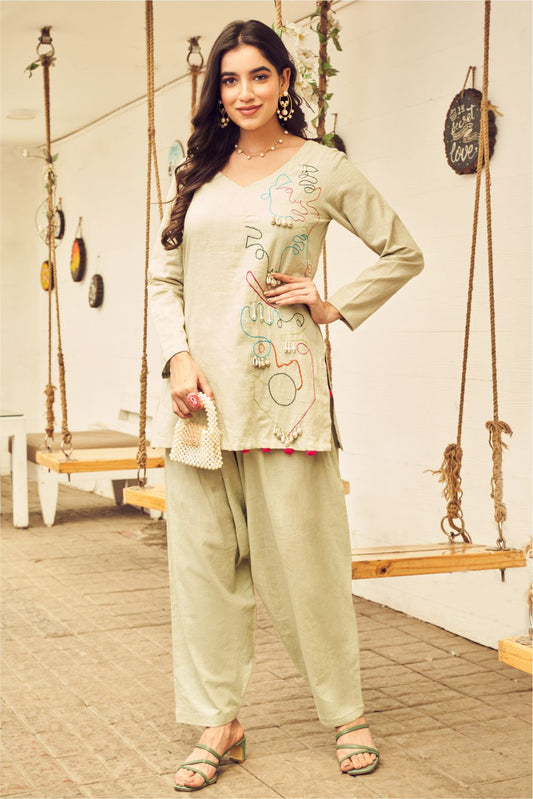 Boho Mint Green Embroidered Kurti With Salwar Pants (8007392690422)