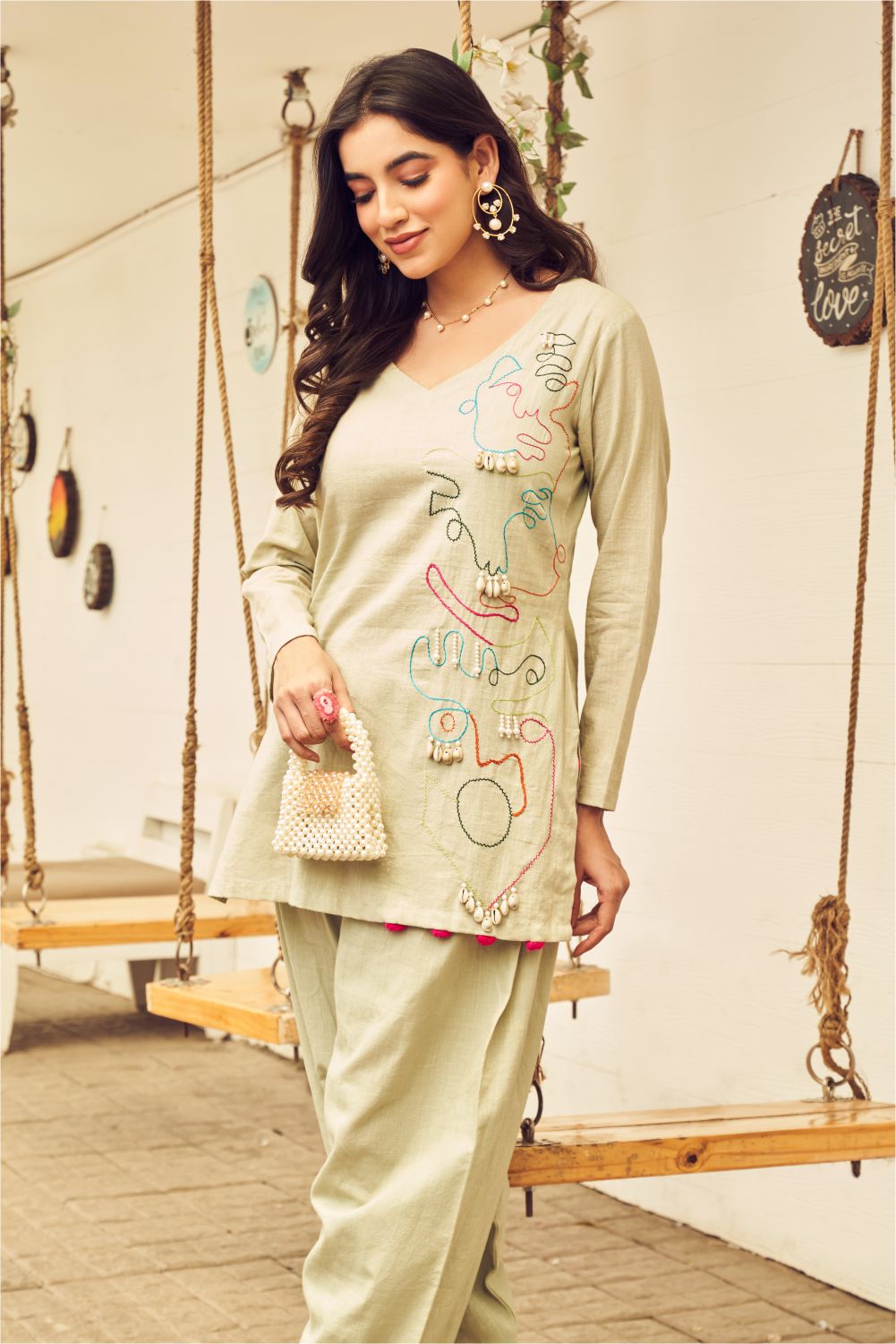 Boho Mint Green Embroidered Kurti With Salwar Pants (8007392690422)