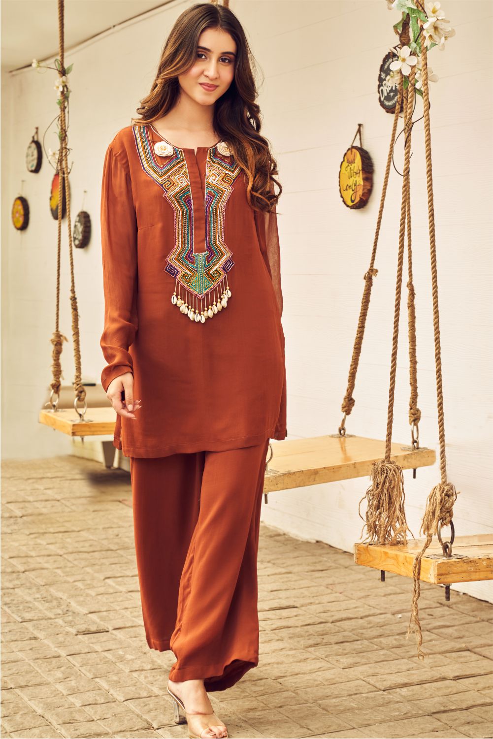 Boho Brown Embellished Kurti With Pants (8007392395510)