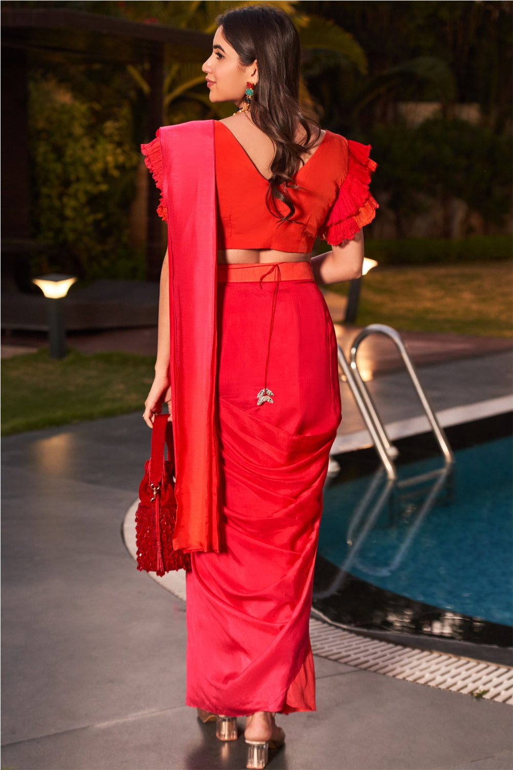 Red Ombre Saree With A Tie Up Belt (7962169737462)