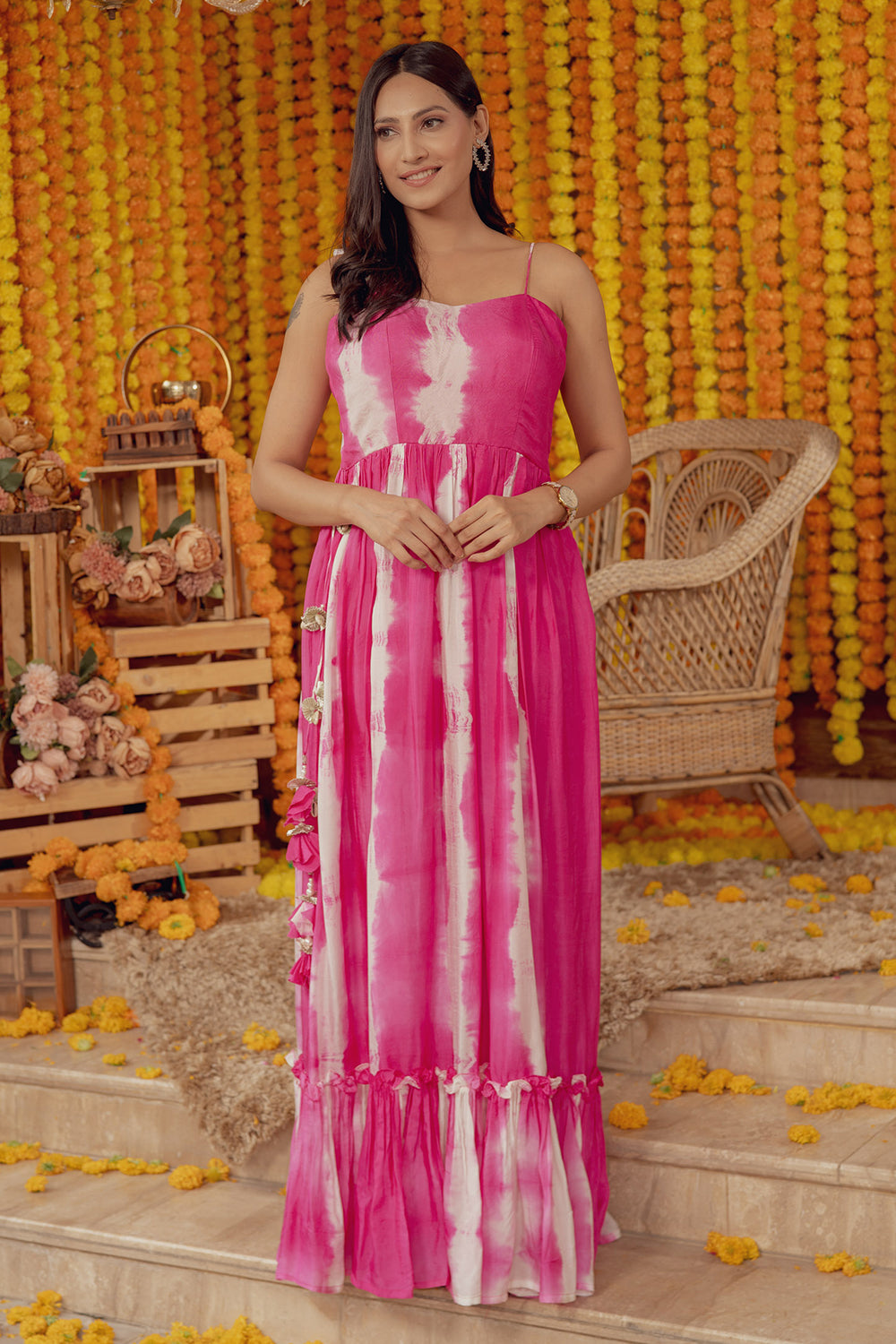 PINK TIE DYE SWEETHEART NECK FLARED DRESS WITH TASSELS (7758596505846)