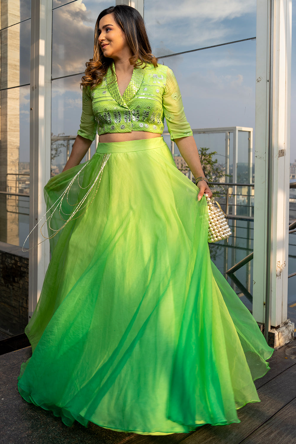 GREEN ORGANZA EMBELLISHED LEHENGA SET (7555432677622)