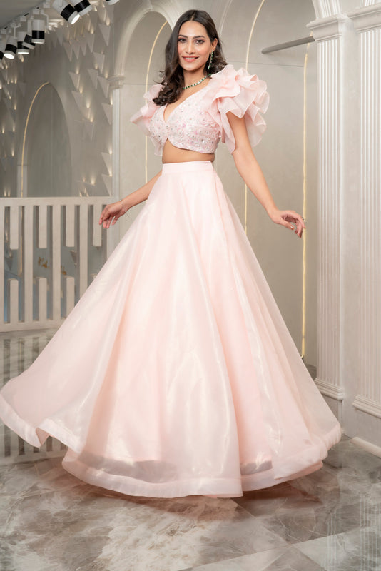 PINK FRILL SLEEVE LEHENGA SET (7531689410806)