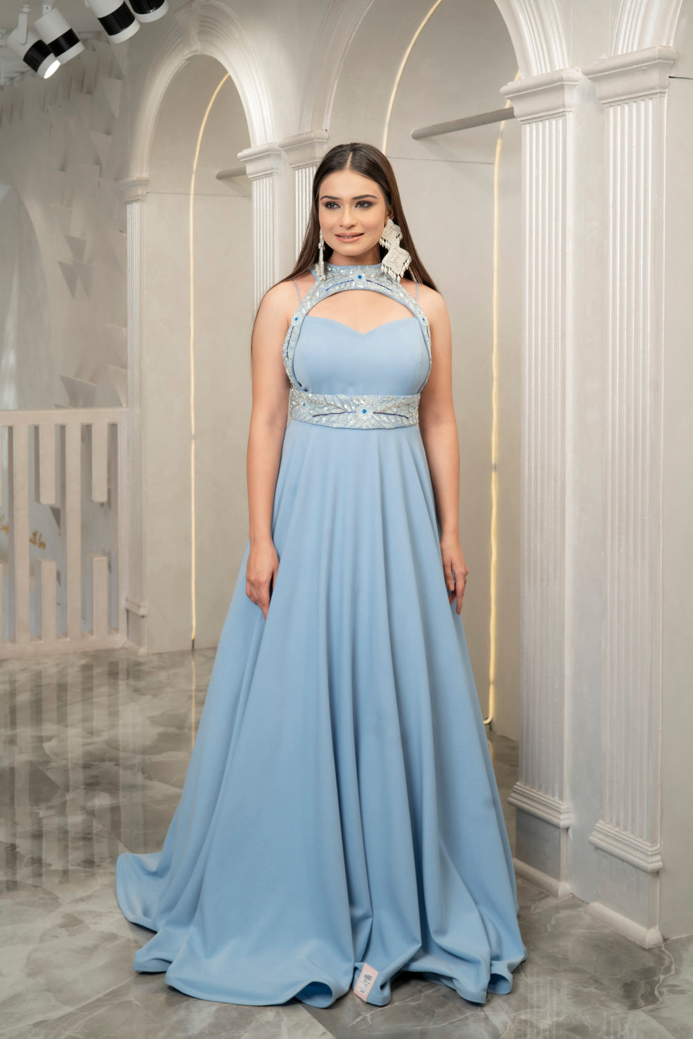 BLUE FIT AND FLARE EMBELLISHED GOWN (7531723391222)
