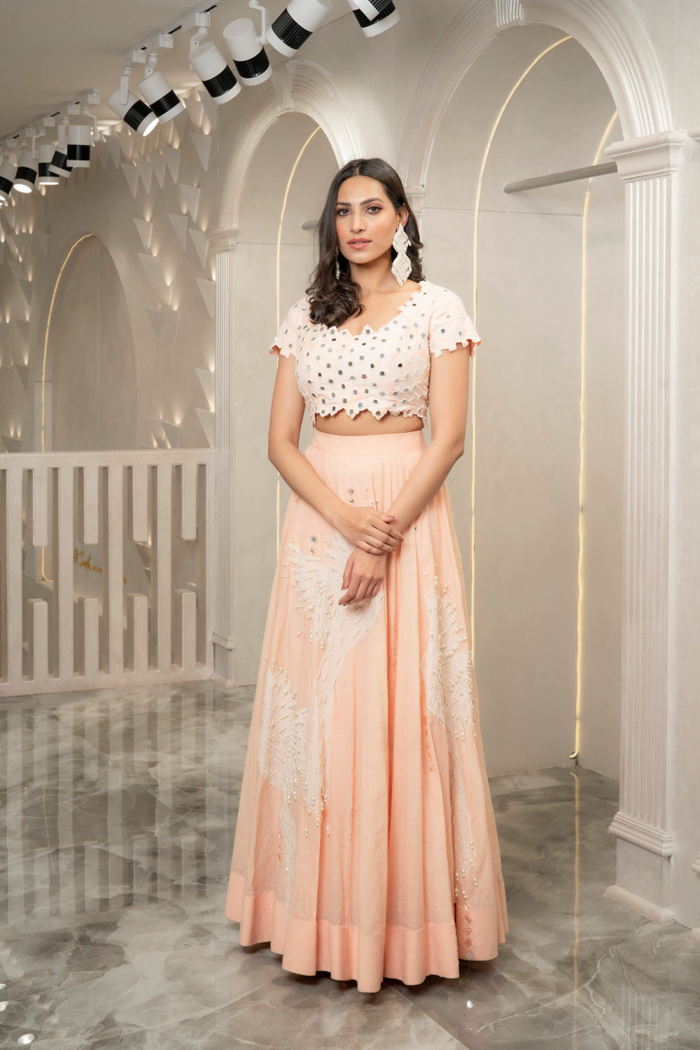 PEACH MIRROR EMBELLISHED LEHENGA SET (7531831099638)