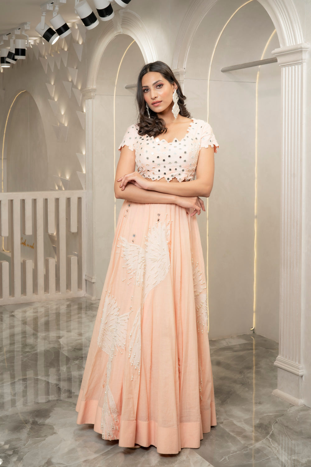 PEACH MIRROR EMBELLISHED LEHENGA SET (7531831099638)