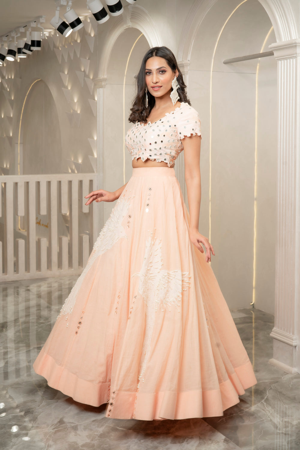 PEACH MIRROR EMBELLISHED LEHENGA SET (7531831099638)