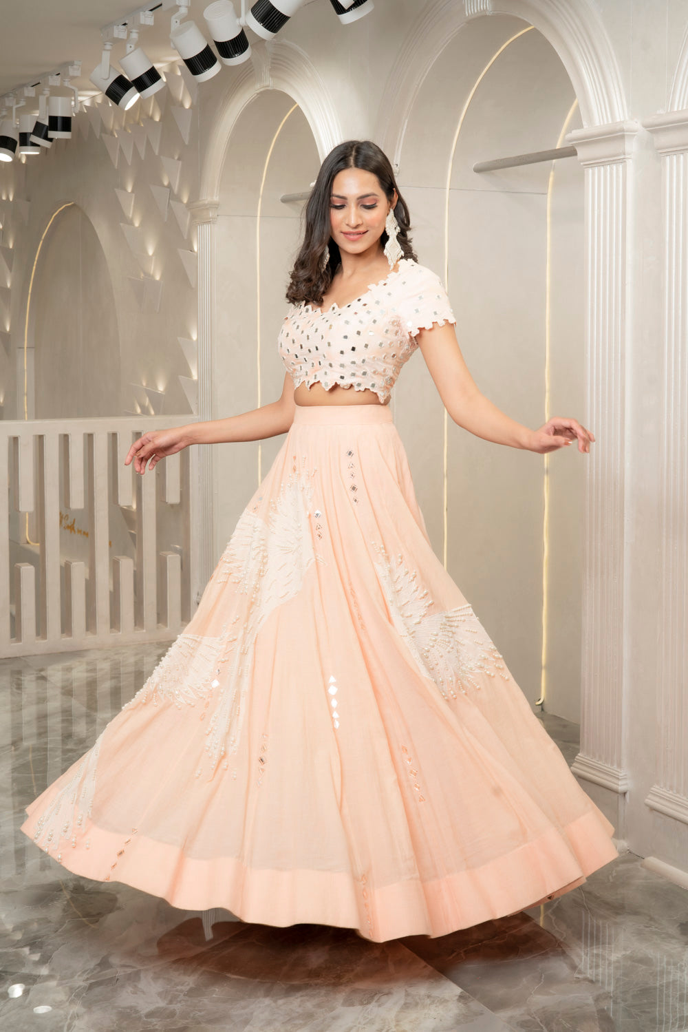 PEACH MIRROR EMBELLISHED LEHENGA SET (7531831099638)