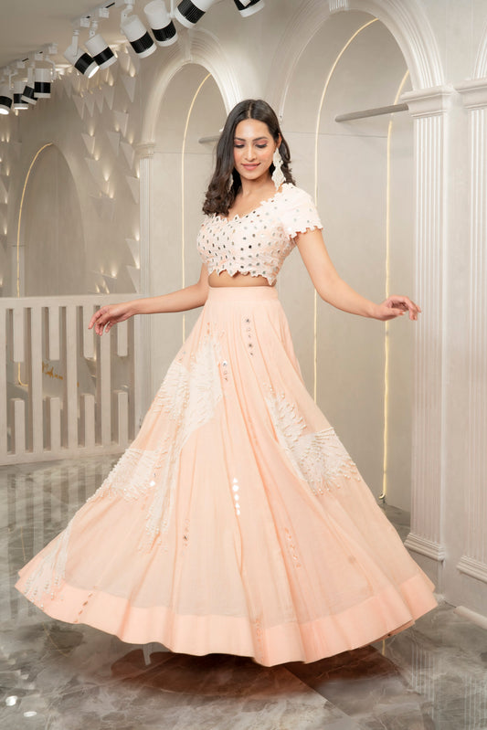 PEACH MIRROR EMBELLISHED LEHENGA SET (7531831099638)
