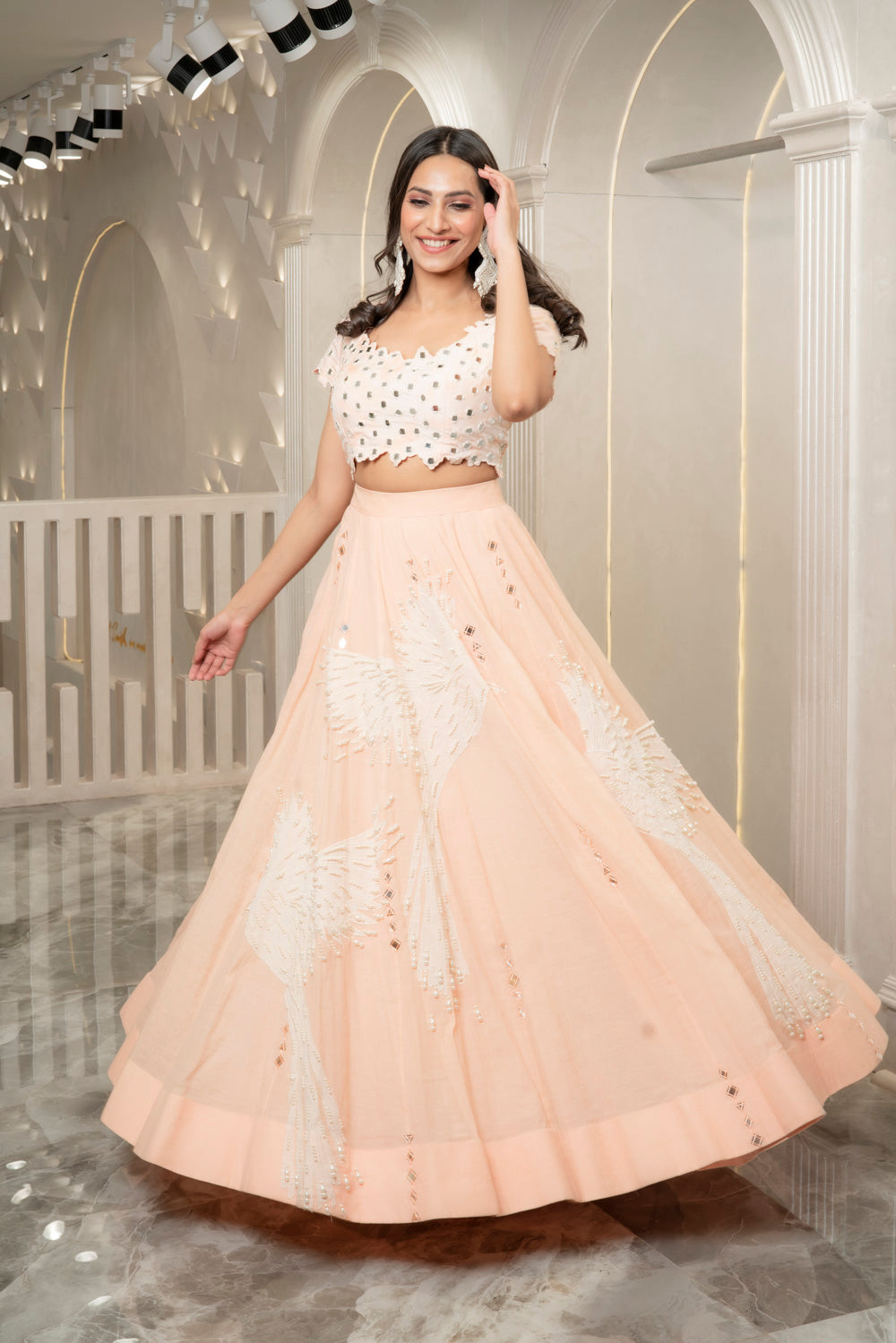 PEACH MIRROR EMBELLISHED LEHENGA SET (7531831099638)