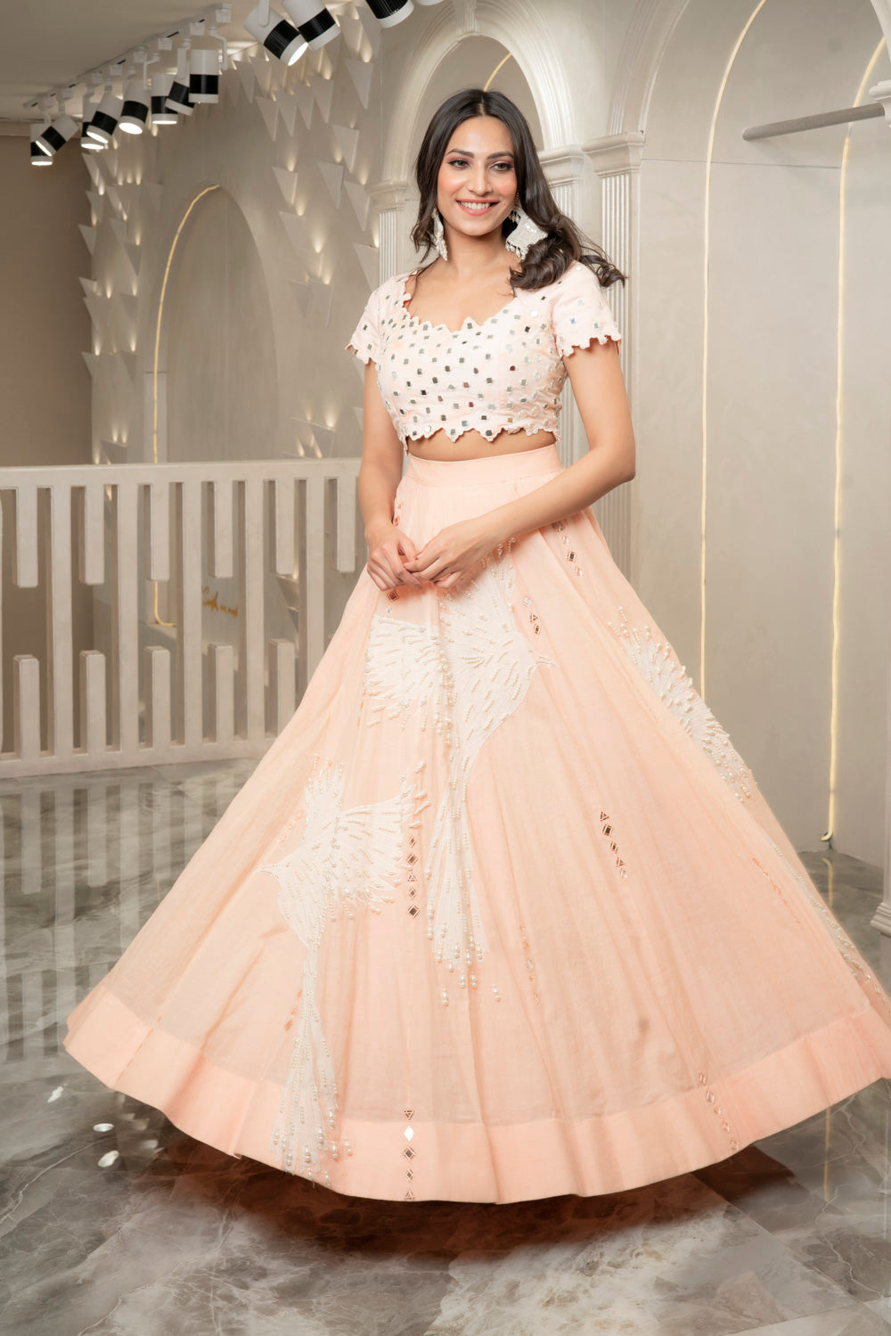 PEACH MIRROR EMBELLISHED LEHENGA SET (7531831099638)