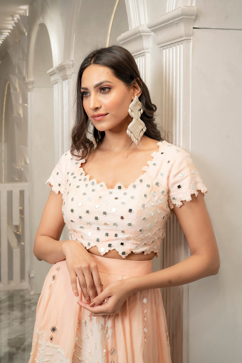 PEACH MIRROR EMBELLISHED LEHENGA SET (7531831099638)