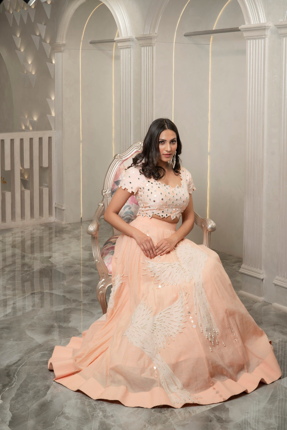 PEACH MIRROR EMBELLISHED LEHENGA SET (7531831099638)