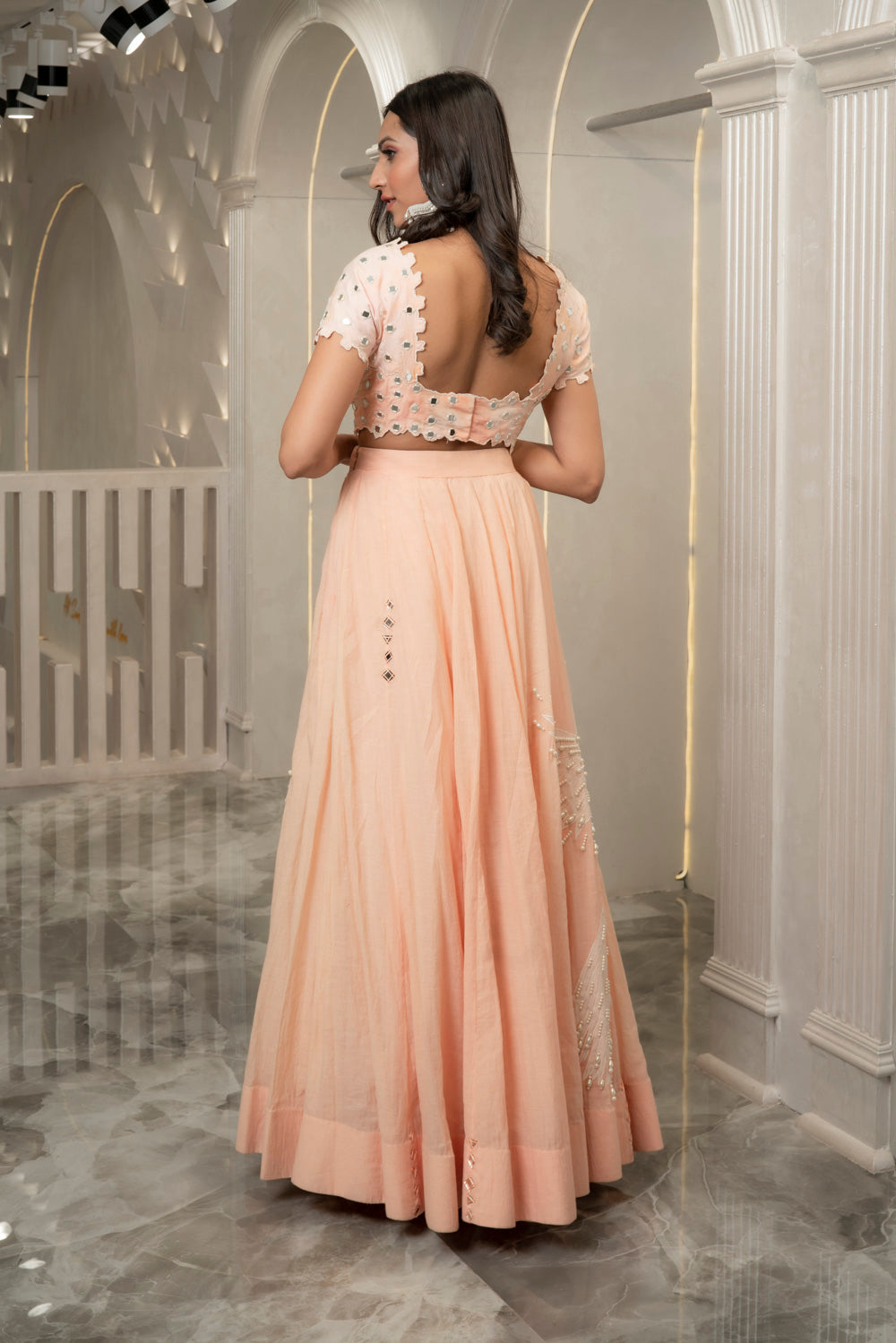PEACH MIRROR EMBELLISHED LEHENGA SET (7531831099638)